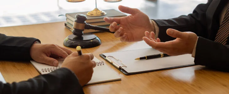 Businessman and lawyer discussing contract documents sitting at a table Legal ideas, advice, agreements with a partner attorney or lawyer discussing contractual agreements.