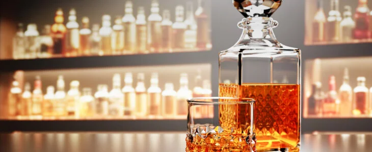 Whiskey or brandy, alcoholic beverages In transparent elegant bottle in Bar. Alcohol in clear glass on wooden floor table. Multiple wine bottles blur background On bar counter restaurant 3D RenderingWhiskey or brandy, alcoholic beverages In transparent elegant glass. Alcohol in clear glass on wooden floor table. On bar counter restaurant 3D Rendering